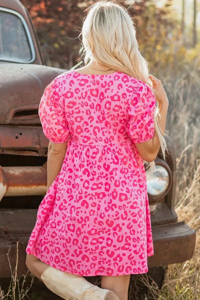 Rose Leopard Puff Sleeve Tie Front High Waist Mini Dress - Love Salve